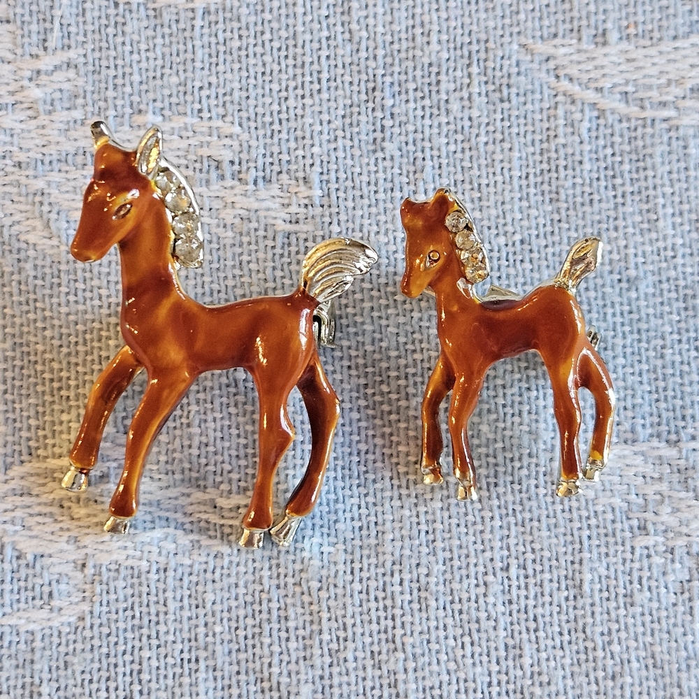 Horse & Colt Filly Brown Enamel Brooches Rhinestone Gold Tone Vintage